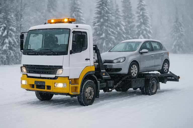 Tow truck in the snow towing a car – Reliable towing service in Winnipeg for winter emergencies.